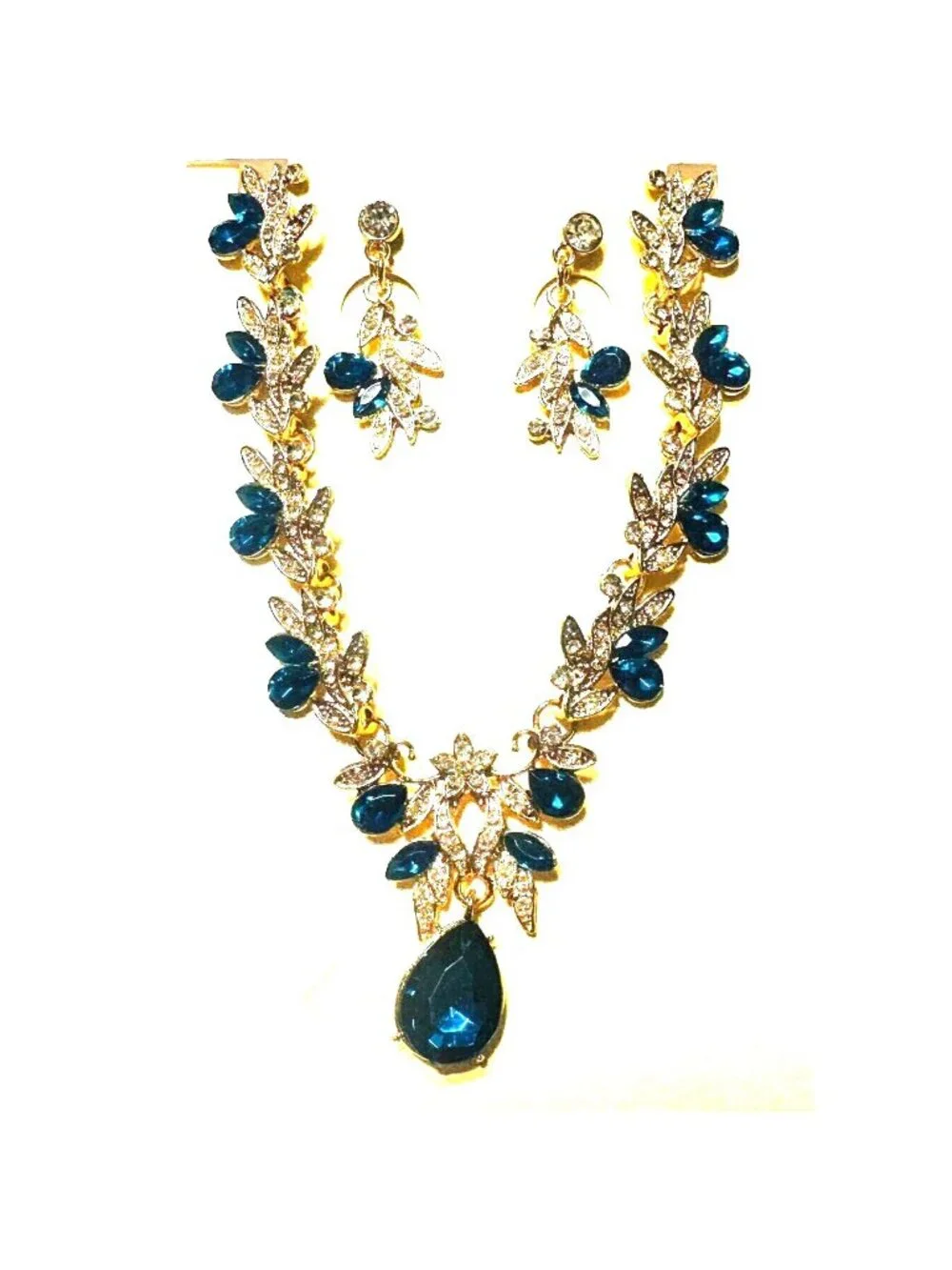 Dark Teal Necklace & Earrings Set With Teardrop Crystals Gold Tone